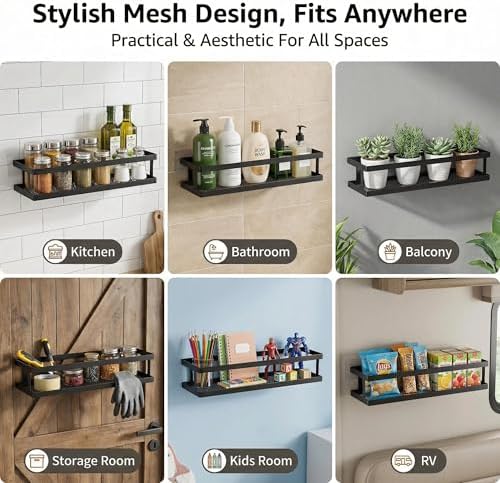 PUSDON 2-Pack 16.5" Extra Long Slim Shower Caddy, Adhesive Wall Mount Bathroom Organizer, Rustproof Open Frame Mesh Spice Rack for Kitchen, Holds 50LBS - Matte Black, Guardrail