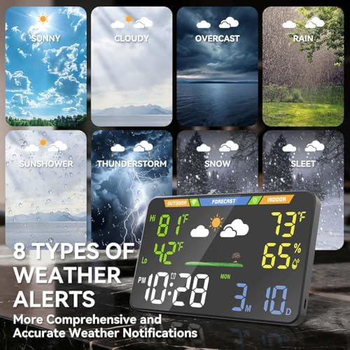 WiFi Weather Station, 8.5 Inch LED Display Indoor Outdoor Wireless Smart Weather Station with Atomic Clock, Temperature Humidity Monitor, No App Required, Browser-Based, Dual Power for Home/Office