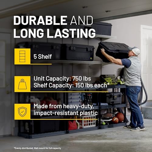 Plano 5-Shelf Plastic Storage Shelves, 73” x 36” x 18”, 750lb Capacity, Pantry, Office, Closet and Garage Shelves, Easy to Assemble, Durable Plastic Shelving Unit