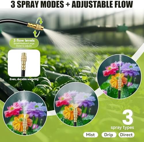 50FT 360° Adjustable Drip Irrigation System Garden Watering System with 12 Nozzles Plant Watering Devices Misting System Greenhouse Accessories for Yard, Lawn