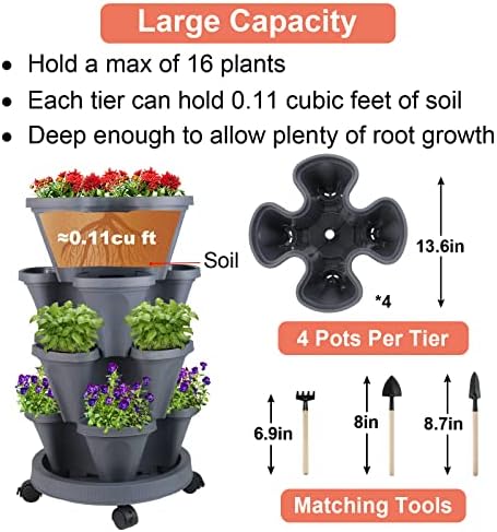 GameXcel Vertical Planter Tower - 4 Tier Stackable Garden Planters with Wheels and Tools Plant Pots for Strawberry Herb Flower and Vegetable Indoor Outdoor Use Dark Gray 2 Pack