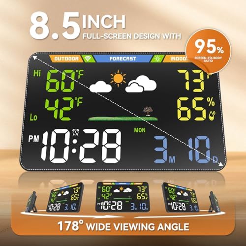 WiFi Weather Station, 8.5 Inch LED Display Indoor Outdoor Wireless Smart Weather Station with Atomic Clock, Temperature Humidity Monitor, No App Required, Browser-Based, Dual Power for Home/Office