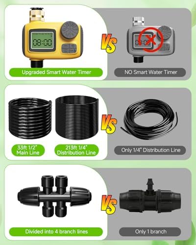 246FT Drip Irrigation System with LCD Timer, Automatic Watering System Kits,1/2 Inch Hose 1/4 Inch Distribution Tubing 3 Sprayer Types, for Garden, Greenhouse, Garden, Lawn