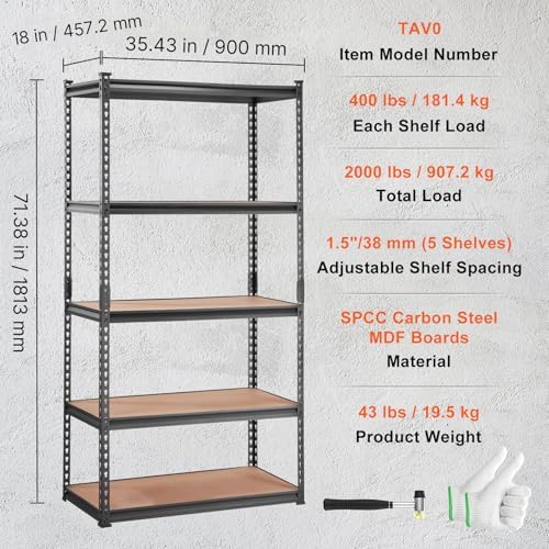 VEVOR Storage Shelves 5-Tier Adjustable 2000 lbs 36"x18"x72" Shelving Unit