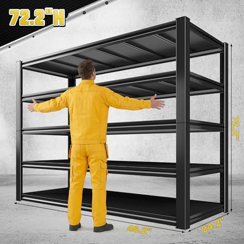 REIBII 48.2" W Garage Shelving, Metal Shelving 3000LBS, Storage Shelves Adjustable Metal Shelf, Industrial 5 Tier Shelves for Basement Pantry Warehouse Supermarket, 72.2" H x 24.2" D x 48.2" W