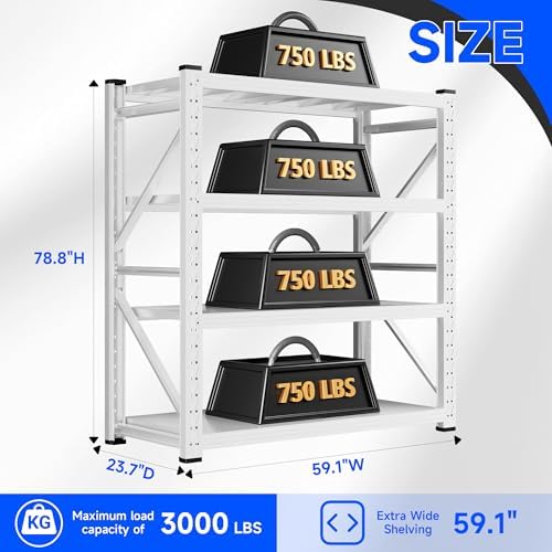 59" W Garage Storage Shelves,3000LBS Garage Shelving Heavy Duty Adjustable Shelving Unit,4 Tier Metal Utitly Shelves Industrial Shelving for Warehouses,Basement,White