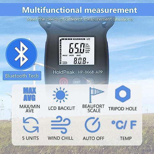 HoldPeak Handheld Anemometer Bluetooth, Digital Wind Speed Gauge Meter, Air Flow Velocity Temperature CFM Measuring Device for HVAC Outdoor Sailing Shooting Golf, 866B-APP