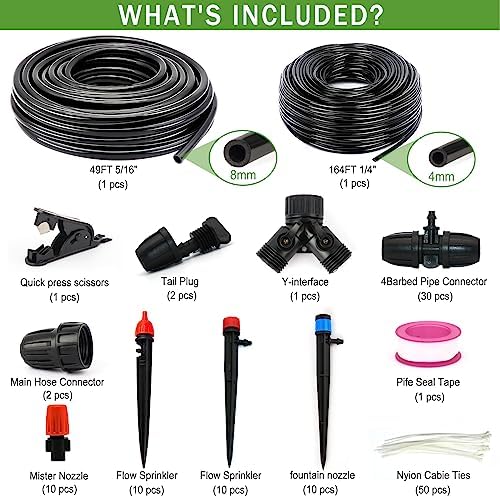 Drip Irrigation System, 213FT Drip Irrigation Kit for Garden - 50FT Main & 163FT Branch Tubing, Adjustable Nozzles for Drip or Mist Cooling, Irrigation System for Garden, Lawn, Patio, Raised Bed