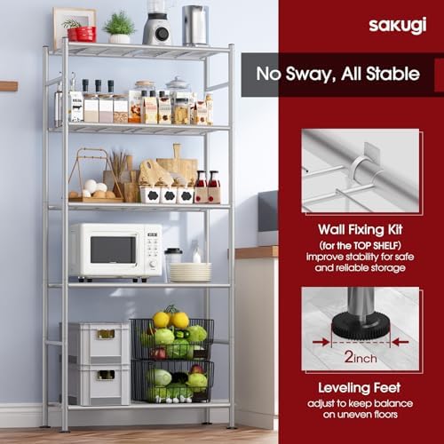 Sakugi Storage Shelves - 5 Tier Shelf Organizer, Heavy Duty Garage Shelving Unit with Leveling Feet, Stable Metal Shelves Organizer for Pantry, Kitchen and Closet, 33.0" W x 12.6" D x 72.0" H, Silver