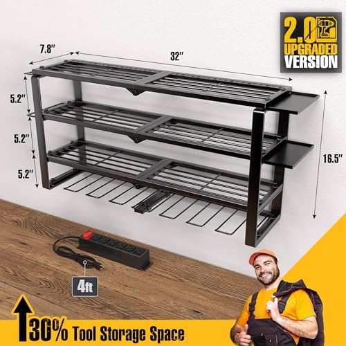Spampur 420LB Capacity Power Tool Organizer with Charging Station & 6 Outlets | Quick Assembly 4-Layer Heavy Duty Rack for Drills & Batteries | Ultimate Garage Storage & Christmas Gift for Men
