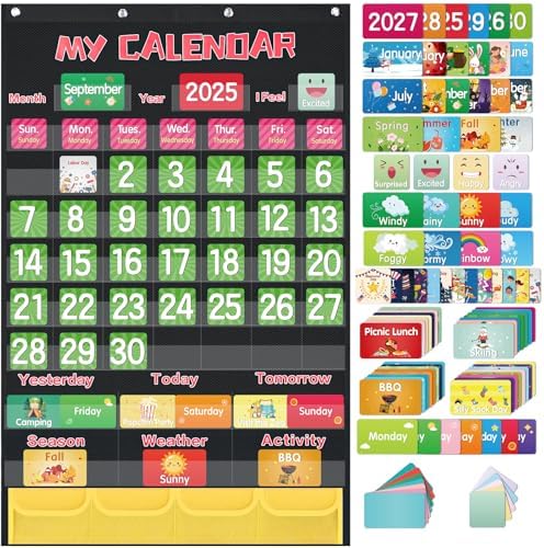Classroom Black Calendar Pocket Chart for Elementary with 144 Cards
