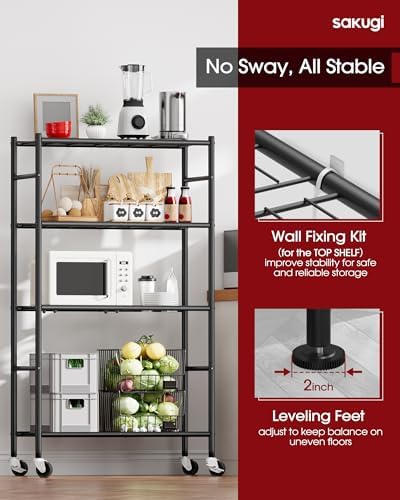 Sakugi 4-Tier Storage Shelves 33.1" x12.6" x58.9" Black with Wheels