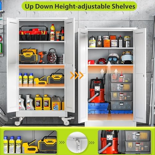 61-Inch Metal Garage Storage Cabinet with Wheels, Locking Doors and Shelves