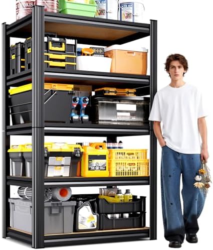 71"H Heavy Duty Garage Shelving - 1900 LBS Capacity 5-Tier Metal Storage Shelves, 71"H x 28"W x 12"D Adjustable Steel Utility Rack, Compact Storage Shelf for Pantry, Closet, Basement, Shed - Black