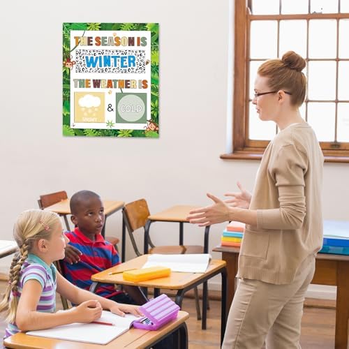 Jungle Animal Season and Weather Calendar Bulletin Board Safari Season Calendar Posters with Weather Cards Hook and Loop Dots for Classroom Wall Decor Preschool Kindergarten Student Teacher Supplies
