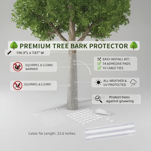 Durable Iguana Tree Wrap Tree Trunk Protector - Clear Tree-Safe Guard for Climbing Prevention, Rodent Barrier Kit with 54 Double-Sided Tapes & 10 Zip Ties (196" x 7.8")