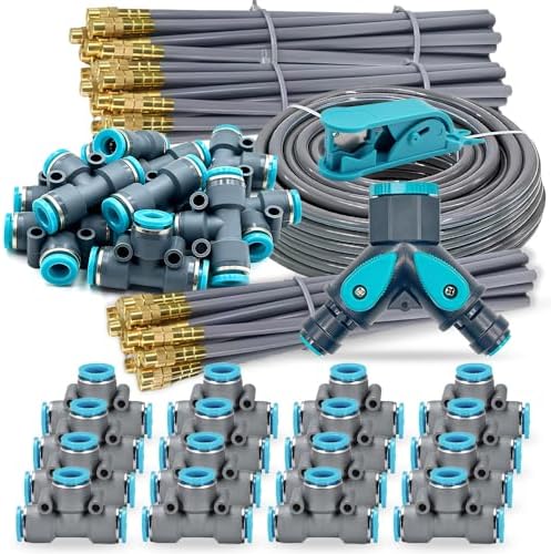 Drip Irrigation System, 66Ft 5/16 Inch Hose, 20 Adjustable Copper Nozzles, Automatic Atomizing Watering Kit for Greenhouse, Outdoor, Raised Bed, Lawn