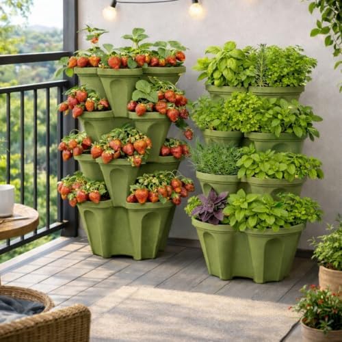 Large Vertical Planter Tower, 4 Tier Stackable Garden Planter, 16 Plant Sites, Heavy Duty Strawberry Planter, Vertical Growing System with Center Hole, Made in USA (4, Sagebrush Green, Large)