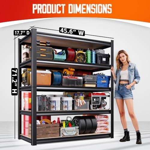 4-Pack 5-Tier Garage Shelving, Adjustable Metal Storage Shelves, Utility Steel Storage Shelf for Garage, Warehouse, Pantry, Basement, Industrial & Workshop Organization,71" H x 45.6" W x17.7 D