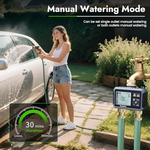 Insoma Water Timer with Brass Inlet, 2 Independent Zones Outdoor Hose Timer for Garden Faucet with Auto/Manual/Rain Delay Mode, Sprinkler Irrigation Timers for Yard Lawn
