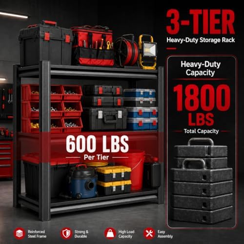 Garage Shelving, 1800 LBS Heavy Duty Metal Storage Shelves, 3-Tier Adjustable Storage Rack for Garage, Warehouse, Basement, 23.6" Wx 13.8" Dx 31.5" H