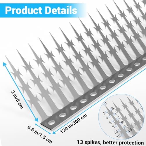 Bird Spikes Squirrel Proof Baffle for Bird Feeder Pole, Outdoor Anti Climb Spikes for Fence, Tree, Wall, Roof, Drainpipes, Deterrent Squirrel, Pigeon, Raccoon, Cat, 120 inch Stainless Steel Spikes