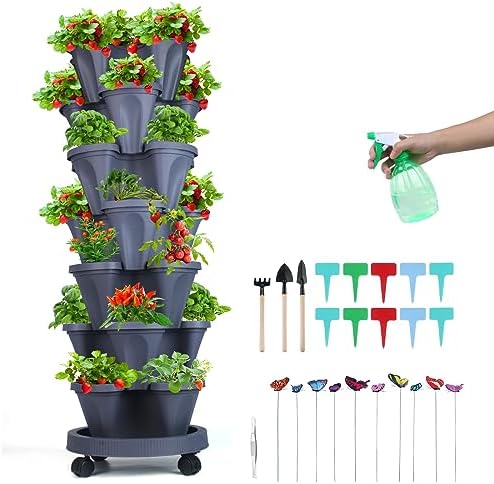 GameXcel Vertical Planter Tower - 7 Tier Stackable Garden Planters with Wheels and Garden Tool Set Plant Pots for Strawberry Herb Flower and Vegetable Indoor Outdoor Use Dark Gray