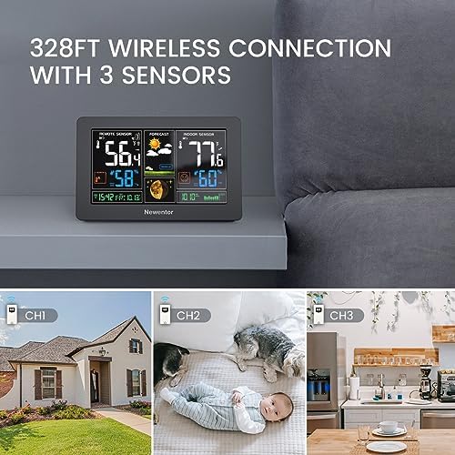 Newentor Weather Station Wireless Indoor Outdoor Thermometer, Black,3Sensor