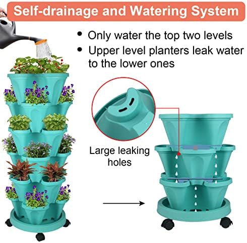 GameXcel Vertical Planter Tower - 6 Tier Stackable Garden Planters with Wheels and Tools Plant Pots for Strawberry Herb Flower and Vegetable Indoor Outdoor Use Teal 2 Pack