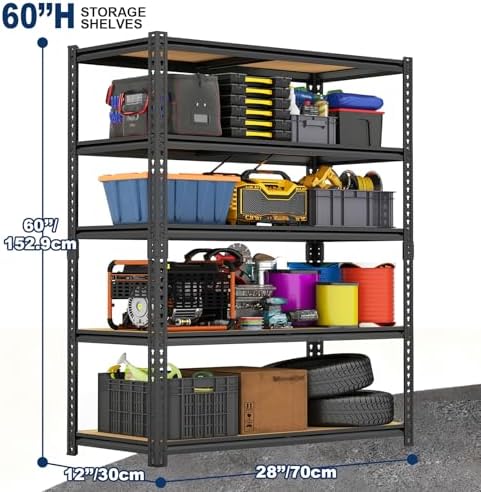 Garage Shelving Storage Shelves, 60'' H Adjustable Shelving, Metal Storage Shelves for Garage, Basement, Warehouse, Pantry, Closet,12" D x 28" W x 60" H