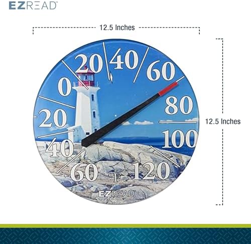 EZREAD Hanging Dial Thermometer 840-1215 Weather Thermometers for Indoor and Outdoor Use, Large 12.5 Inch Diameter, Easy to Read Numbers, Lighthouse