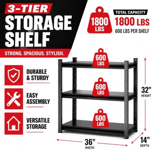 Garage Shelving, 1800 LBS Heavy Duty Metal Storage Shelves, 3-Tier Adjustable Storage Rack for Garage, Warehouse, Basement, 36" W x 14" D x 32" H