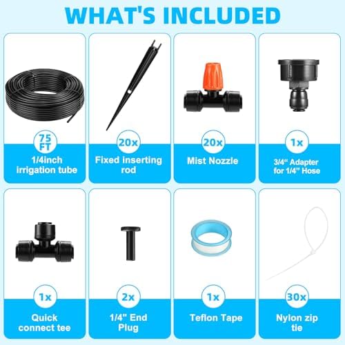 75FT Drip Irrigation System - Easy to Assemble Quick Plug Adjustable Spray Volume Garden Watering/Misting Cooling System with 1/4" Polyethylene (PE) Water Pipes for Gardens, Raised Beds, Lawns