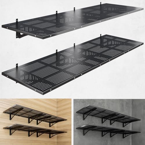 4-Pack 2x3ft Heavy Duty Garage Wall Shelving, 1000 lbs Load Capacity, Garage Shelving Wall Mounted, Garage Storage Rack with Hooks, Black