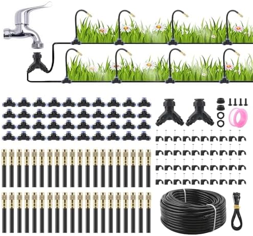 200Ft Drip Irrigation System,1/4" 360°Bendable Fast-Lock Tubing with40pcs Adjustable Misting Copper Nozzles, Automatic Leak-Resistant Watering Spray Kit for Garden,Compatible with 3/4" & 1/2" Hose