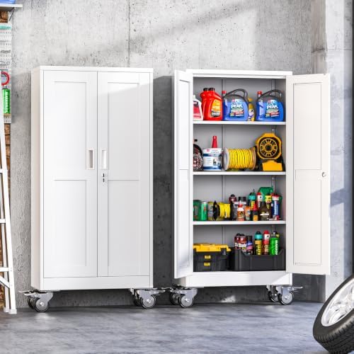 61-Inch Metal Garage Storage Cabinet with Wheels, Locking Doors and Shelves