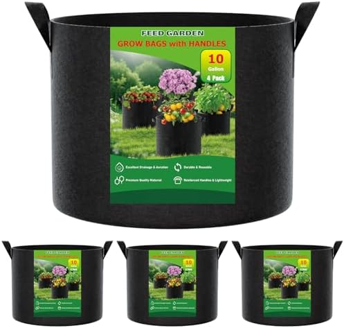 FEED GARDEN 10 Gallon Grow Bags 4 Pack – 300G Thickened Fabric Plant Pots with Reinforced Handles, Breathable Drainage Planters for Vegetables, Tomatoes, Herbs, Indoor & Outdoor Gardening