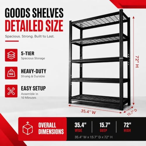 Garage Shelving, 3000 LBS Heavy Duty Wire Storage Shelves, 5-Tier Adjustable Wire Shelving Rack for Garage, Basement, Warehouse, 35.4" W x 15.7" D x 72" H