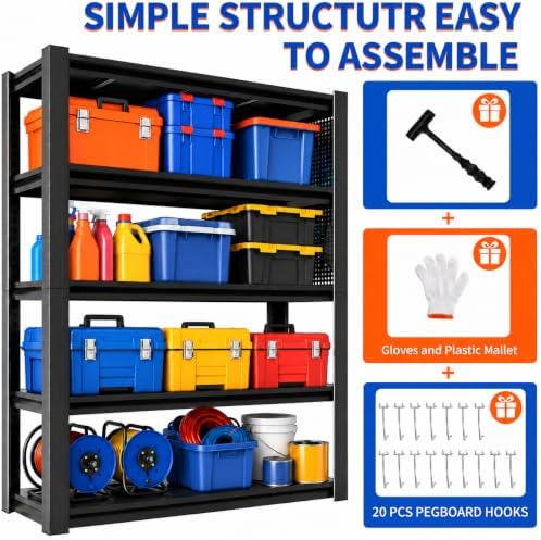 Garage Shelving Unit 5 Tier Metal Rack with Pegboard and 20 Hooks