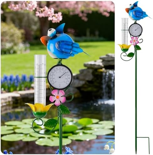 Joint Honglin Metal Adorable Bird Rain Gauge with Outdoor Temperature