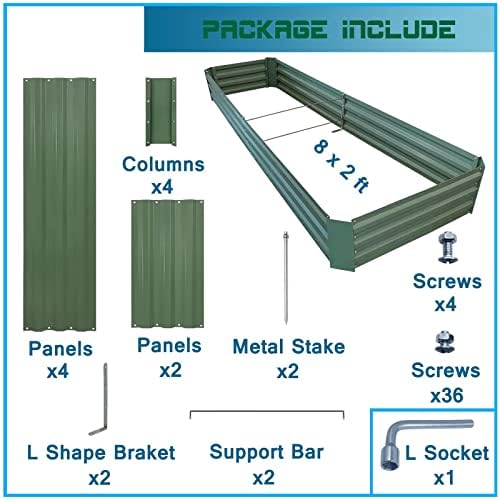 8x2x1ft Green Metal Raised Garden Bed Kit, Galvanized Outdoor Planter Box for Vegetables, Flowers, Herbs, and Succulents,120 Gallon Capacity