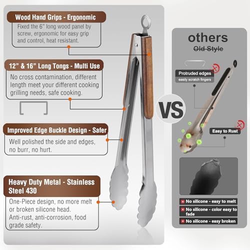 16" & 12" Heavy Duty Stainless Steel Grill Tongs, 2-Pack
