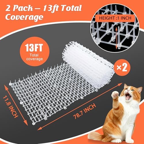 2 Pack Transparent 6.5ft Cat Scat Mat with Soft Spikes, 13ft Clear Cat Deterrent Strips for Sofa, Windowsills, Balcony & Garden, Cuttable Indoor/Outdoor Pet Repellent Mats, 78" x 11" Each