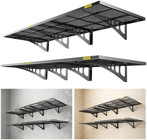 Aecxm 4-Pack 2x3ft Adjustable Garage Wall Shelving 1120lbs Load Capacity Heavy Duty Wall Mounted Storage Shelf Metal Floating Shelves for Garage(Black)