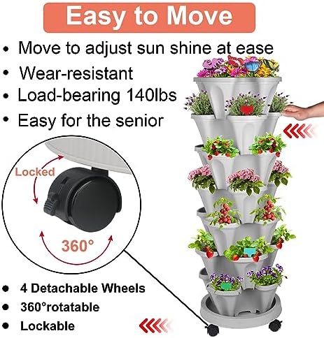 GameXcel Vertical Planter Tower - 7 Tier Stackable Garden Planters with Wheels and Garden Tool Set Plant Pots for Strawberry Herb Flower and Vegetable Indoor Outdoor Use Gray