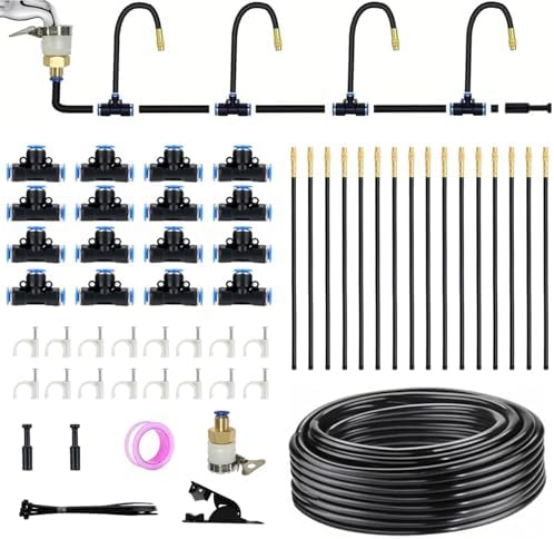 50 FT Drip Irrigation System 5/16 Inch Tubing with 16 Nozzles, Automatic Watering Misting System, Adjustable Sprinkler for Garden, Lawn, Plants, and Raised Bed