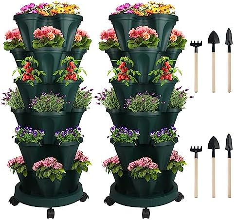 GameXcel Vertical Planter Tower - 6 Tier Stackable Garden Planters with Wheels and Tools Plant Pots for Strawberry Herb Flower and Vegetable Indoor Outdoor Use Green 2 Pack