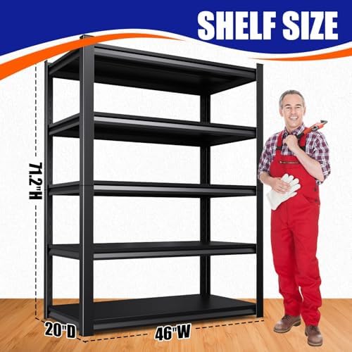 Set of 5 Garage Shelving Heavy Duty Storage Shelves, Metal Adjustable Shelving Unit, Utility Garage Organizer Shelf for Basement, Pantry, Kitchen, Warehouse, 20" D x 46" W x 71.2" H, Black