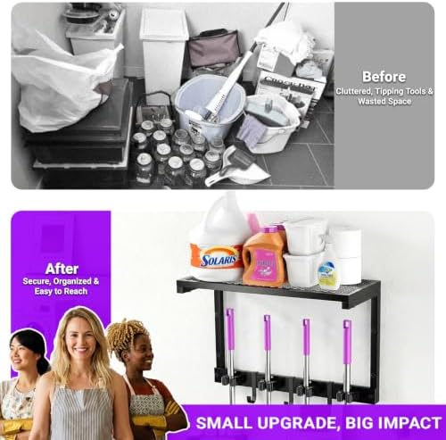 Heavy Duty Broom Holder Wall Mount, All-Metal Mop Rack with Storage Shelves
