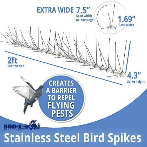 Bird-X Stainless Steel Bird Spikes, 8-inch Extra-Wide Spikes, Bird Spikes for Pigeons and Other Small Birds, Easy to Install, Contains 2 ft. Strips, Covers 50 Linear Feet Area, EWS-50